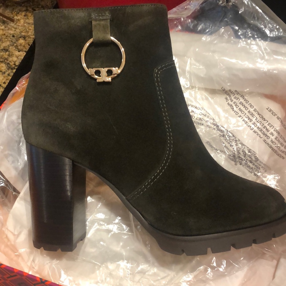 Tory Burch lug sole dark suede green booties